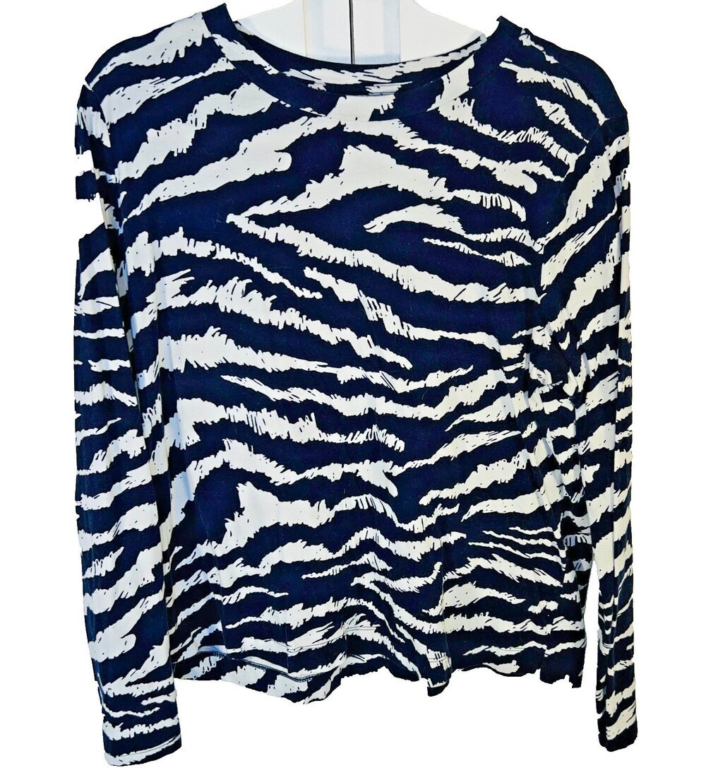 LOFT Shirt Blouse Womens XXL Navy White Abstract Tiger Print Long Sleeve Tee - Picture 7 of 12